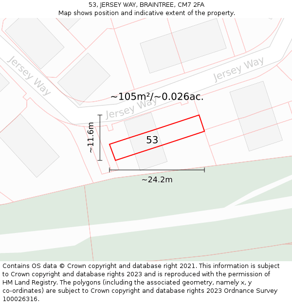 53, JERSEY WAY, BRAINTREE, CM7 2FA: Plot and title map