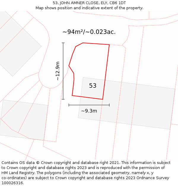 53, JOHN AMNER CLOSE, ELY, CB6 1DT: Plot and title map