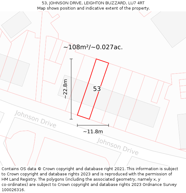 53, JOHNSON DRIVE, LEIGHTON BUZZARD, LU7 4RT: Plot and title map
