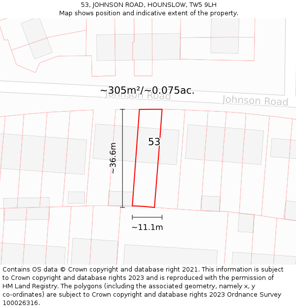 53, JOHNSON ROAD, HOUNSLOW, TW5 9LH: Plot and title map