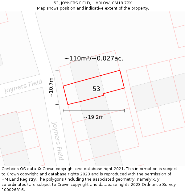 53, JOYNERS FIELD, HARLOW, CM18 7PX: Plot and title map