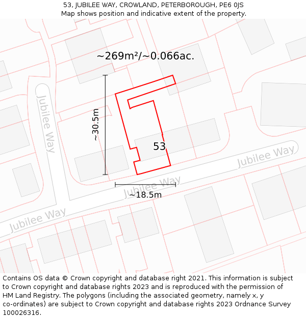 53, JUBILEE WAY, CROWLAND, PETERBOROUGH, PE6 0JS: Plot and title map
