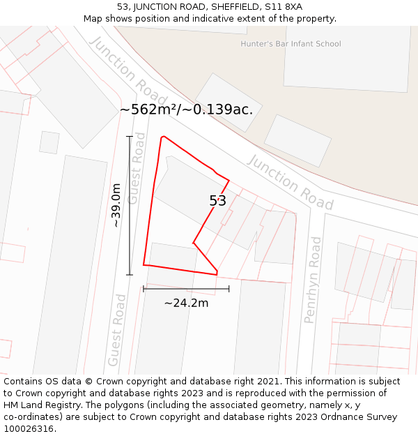 53, JUNCTION ROAD, SHEFFIELD, S11 8XA: Plot and title map