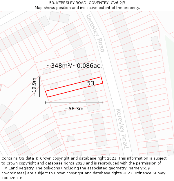 53, KERESLEY ROAD, COVENTRY, CV6 2JB: Plot and title map