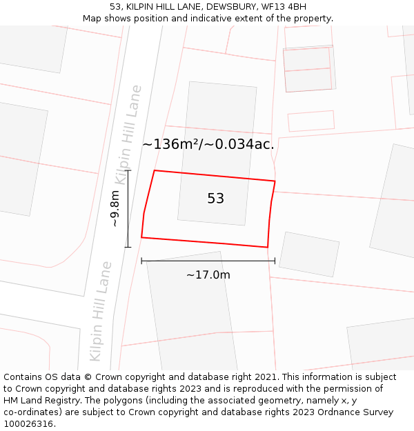 53, KILPIN HILL LANE, DEWSBURY, WF13 4BH: Plot and title map