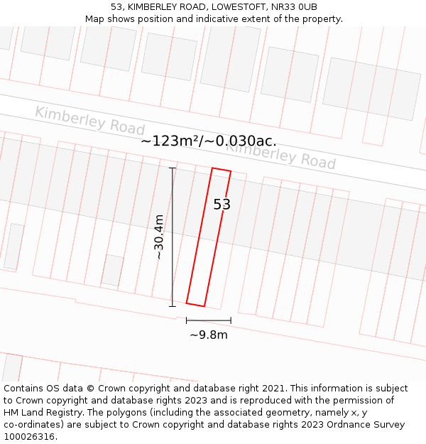 53, KIMBERLEY ROAD, LOWESTOFT, NR33 0UB: Plot and title map