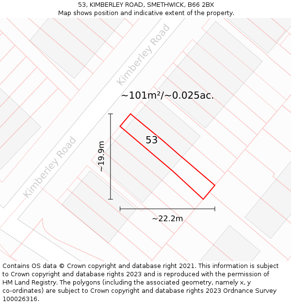 53, KIMBERLEY ROAD, SMETHWICK, B66 2BX: Plot and title map
