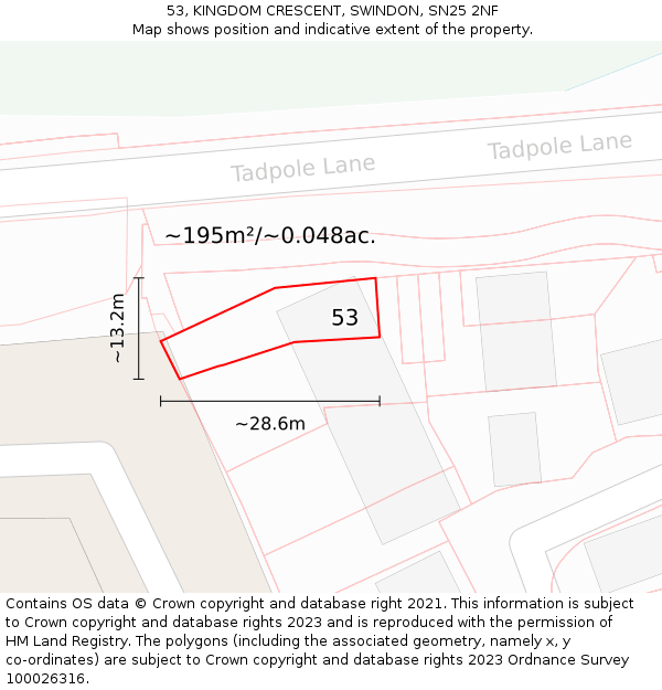53, KINGDOM CRESCENT, SWINDON, SN25 2NF: Plot and title map
