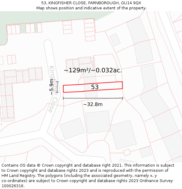 53, KINGFISHER CLOSE, FARNBOROUGH, GU14 9QX: Plot and title map
