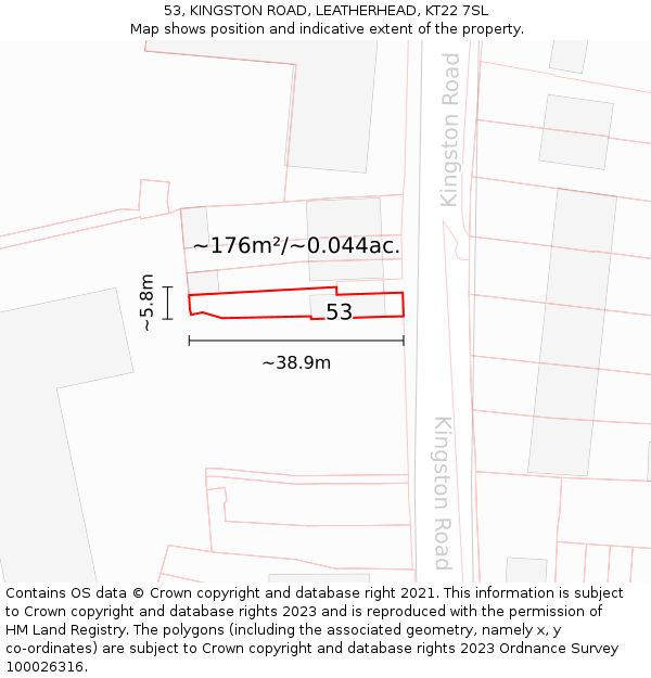 53, KINGSTON ROAD, LEATHERHEAD, KT22 7SL: Plot and title map
