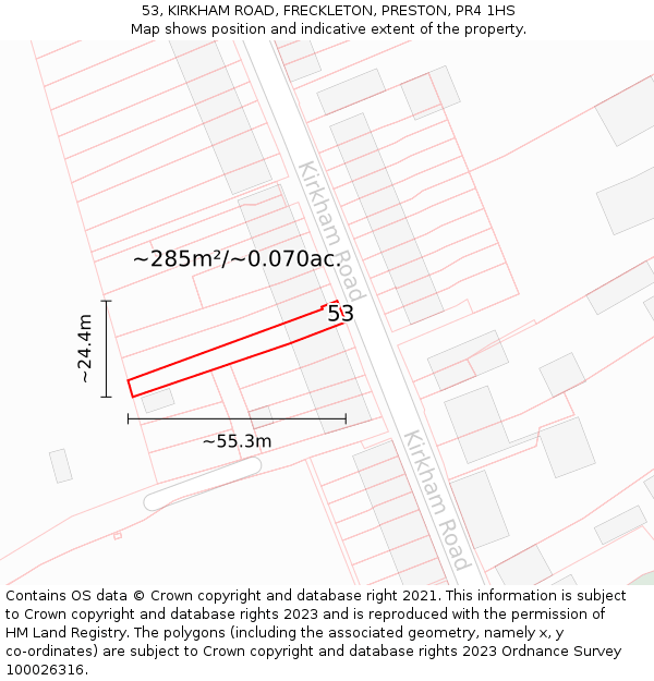 53, KIRKHAM ROAD, FRECKLETON, PRESTON, PR4 1HS: Plot and title map