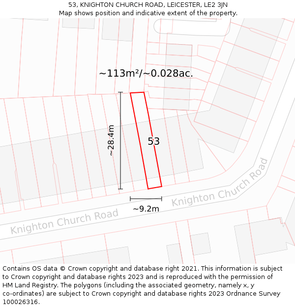 53, KNIGHTON CHURCH ROAD, LEICESTER, LE2 3JN: Plot and title map