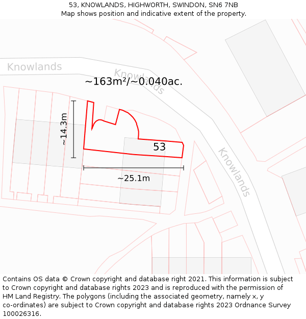 53, KNOWLANDS, HIGHWORTH, SWINDON, SN6 7NB: Plot and title map