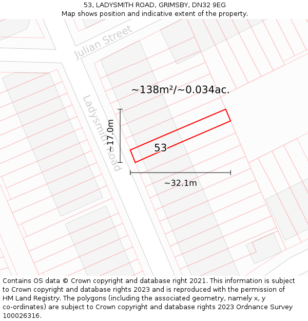 53, LADYSMITH ROAD, GRIMSBY, DN32 9EG: Plot and title map