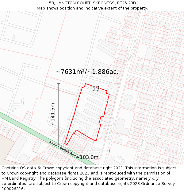 53, LANGTON COURT, SKEGNESS, PE25 2RB: Plot and title map