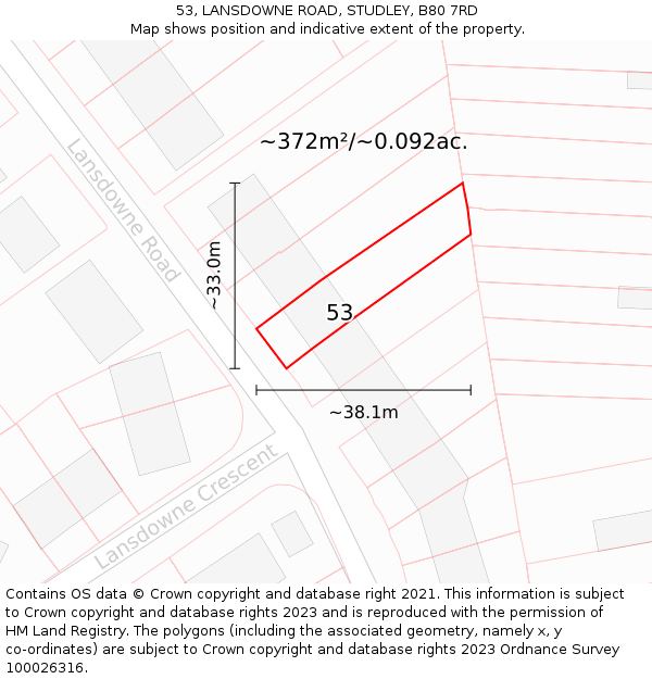 53, LANSDOWNE ROAD, STUDLEY, B80 7RD: Plot and title map