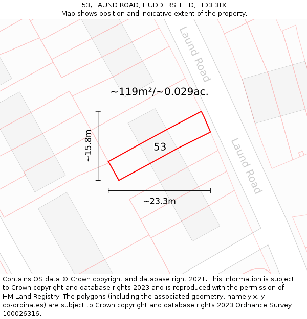 53, LAUND ROAD, HUDDERSFIELD, HD3 3TX: Plot and title map