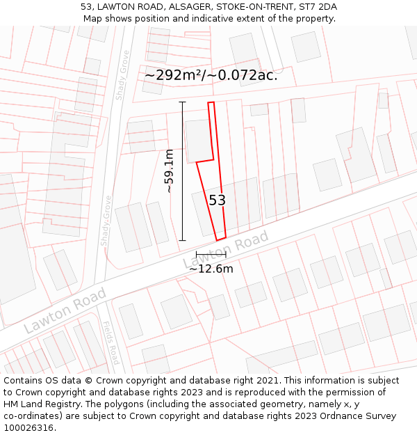 53, LAWTON ROAD, ALSAGER, STOKE-ON-TRENT, ST7 2DA: Plot and title map
