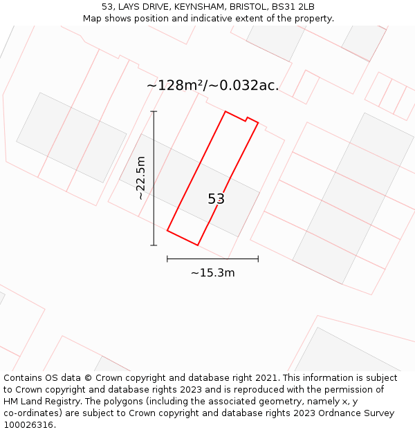 53, LAYS DRIVE, KEYNSHAM, BRISTOL, BS31 2LB: Plot and title map