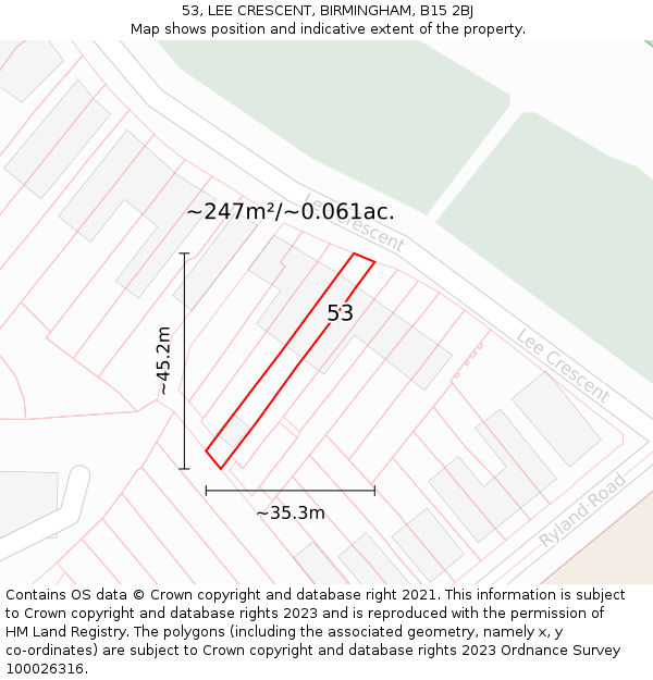 53, LEE CRESCENT, BIRMINGHAM, B15 2BJ: Plot and title map