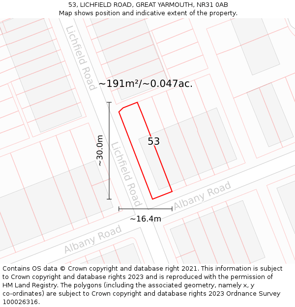 53, LICHFIELD ROAD, GREAT YARMOUTH, NR31 0AB: Plot and title map