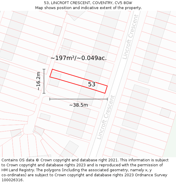 53, LINCROFT CRESCENT, COVENTRY, CV5 8GW: Plot and title map