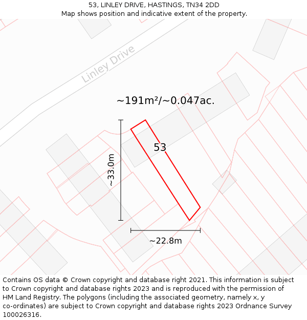 53, LINLEY DRIVE, HASTINGS, TN34 2DD: Plot and title map