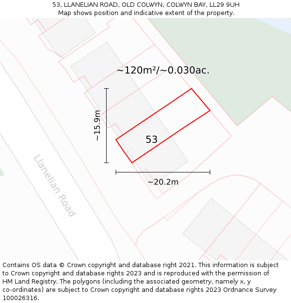 53, LLANELIAN ROAD, OLD COLWYN, COLWYN BAY, LL29 9UH: Plot and title map