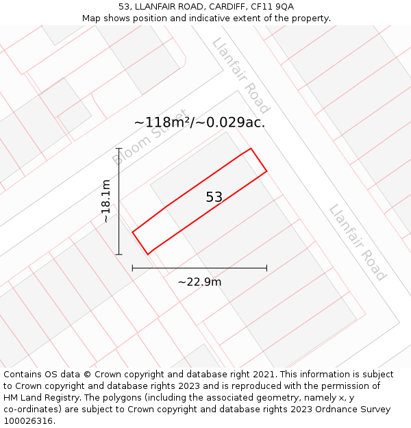 53, LLANFAIR ROAD, CARDIFF, CF11 9QA: Plot and title map