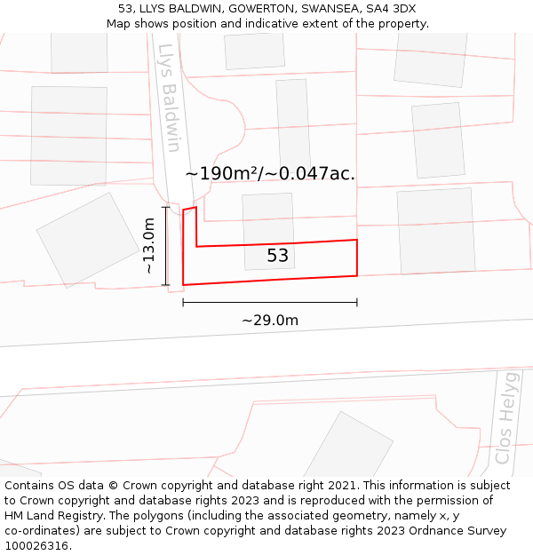 53, LLYS BALDWIN, GOWERTON, SWANSEA, SA4 3DX: Plot and title map