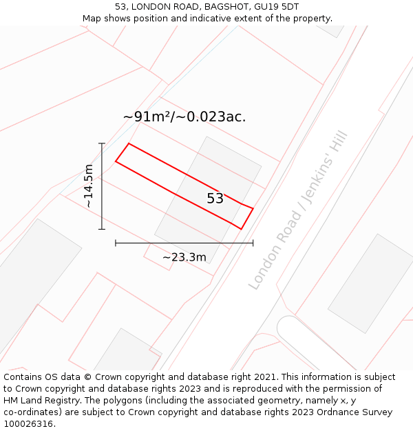 53, LONDON ROAD, BAGSHOT, GU19 5DT: Plot and title map