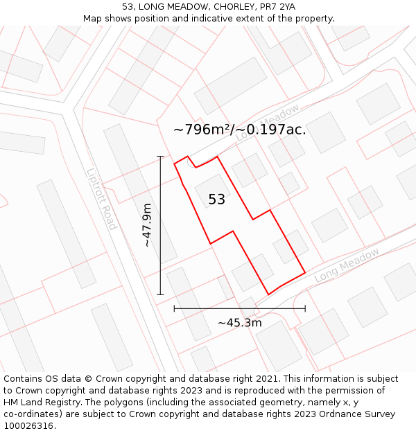 53, LONG MEADOW, CHORLEY, PR7 2YA: Plot and title map