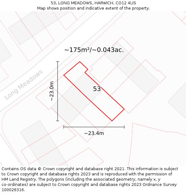 53, LONG MEADOWS, HARWICH, CO12 4US: Plot and title map
