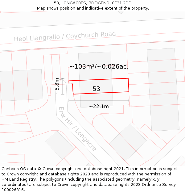 53, LONGACRES, BRIDGEND, CF31 2DD: Plot and title map