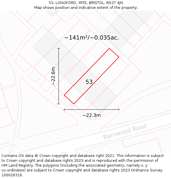 53, LONGFORD, YATE, BRISTOL, BS37 4JN: Plot and title map