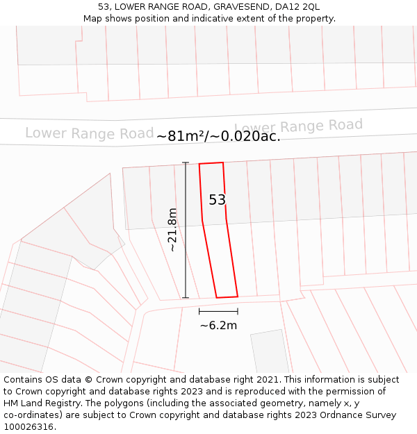 53, LOWER RANGE ROAD, GRAVESEND, DA12 2QL: Plot and title map