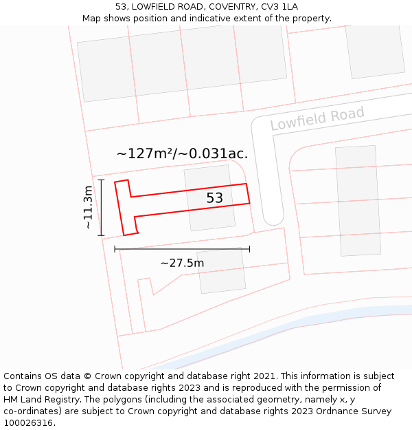 53, LOWFIELD ROAD, COVENTRY, CV3 1LA: Plot and title map