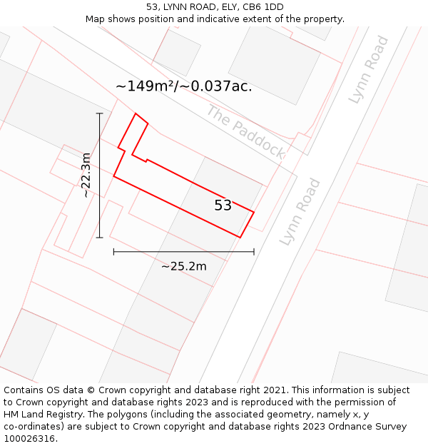 53, LYNN ROAD, ELY, CB6 1DD: Plot and title map