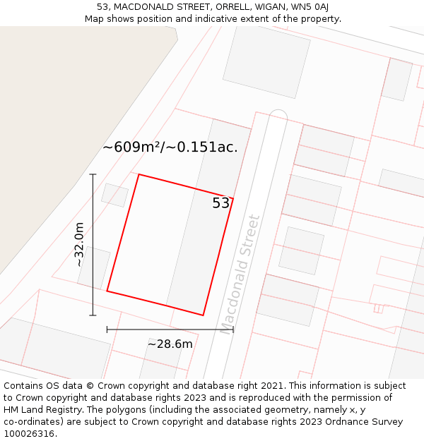 53, MACDONALD STREET, ORRELL, WIGAN, WN5 0AJ: Plot and title map