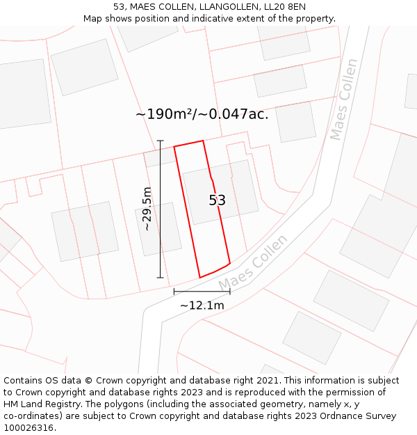 53, MAES COLLEN, LLANGOLLEN, LL20 8EN: Plot and title map