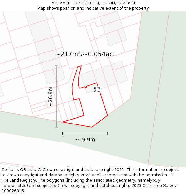 53, MALTHOUSE GREEN, LUTON, LU2 8SN: Plot and title map
