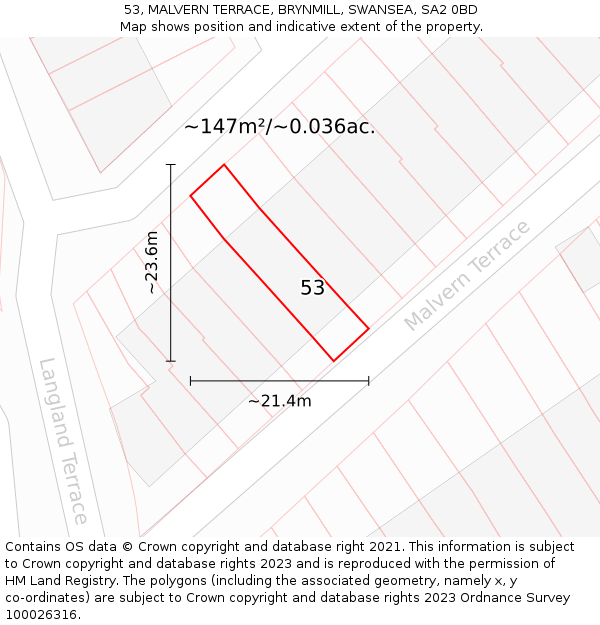 53, MALVERN TERRACE, BRYNMILL, SWANSEA, SA2 0BD: Plot and title map