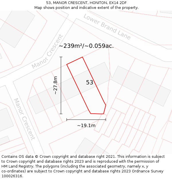53, MANOR CRESCENT, HONITON, EX14 2DF: Plot and title map