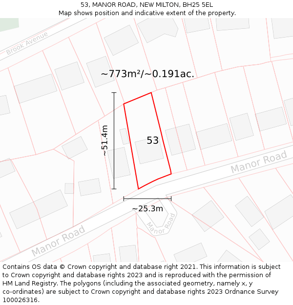 53, MANOR ROAD, NEW MILTON, BH25 5EL: Plot and title map
