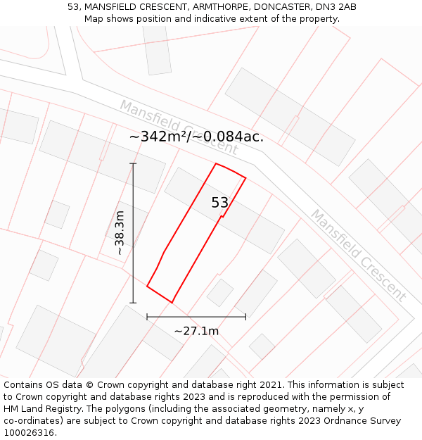53, MANSFIELD CRESCENT, ARMTHORPE, DONCASTER, DN3 2AB: Plot and title map