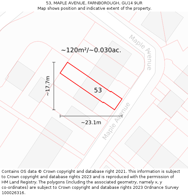 53, MAPLE AVENUE, FARNBOROUGH, GU14 9UR: Plot and title map