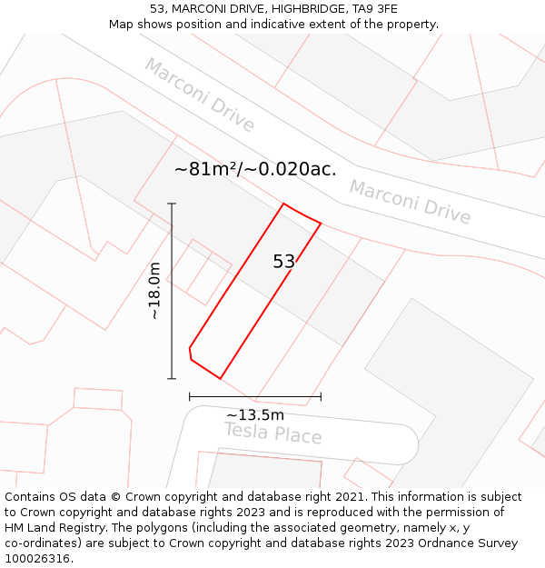 53, MARCONI DRIVE, HIGHBRIDGE, TA9 3FE: Plot and title map