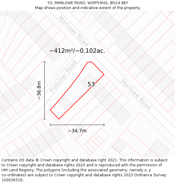 53, MARLOWE ROAD, WORTHING, BN14 8EY: Plot and title map