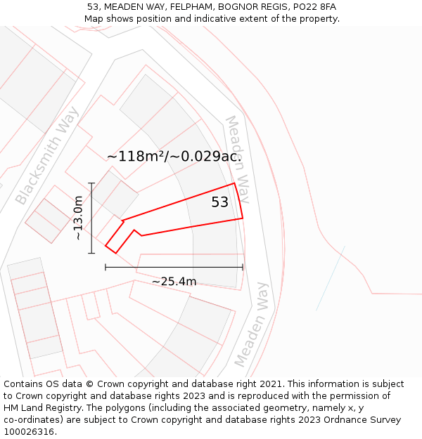 53, MEADEN WAY, FELPHAM, BOGNOR REGIS, PO22 8FA: Plot and title map
