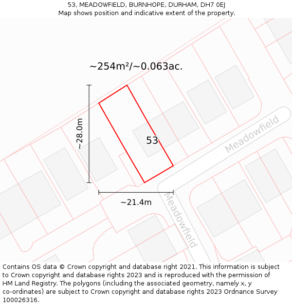 53, MEADOWFIELD, BURNHOPE, DURHAM, DH7 0EJ: Plot and title map